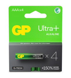Pack de 4 piles alcalines AAA Ultra+ de la marque GP dans leur emballage cartonné vert et gris foncé