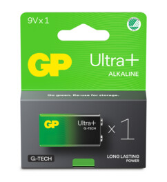 1 pile alcaline 9V Ultra+ de la marque GP dans son emballage cartonné vert et gris foncé