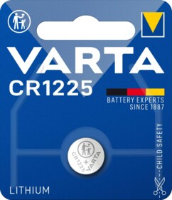 Pile bouton au lithium CR1225 de la marque Varta dans son emballage avec sécurité enfant