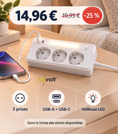 Multiprise 3 prises avec ports de charge USB-A / USB-C 20 W et veilleuse