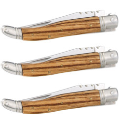 3 couteaux pliant en kit, en acier inoxydable avec manche en bois véritable