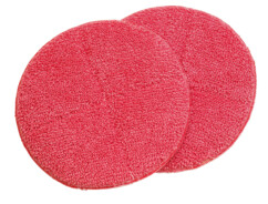 Deux disques ronds rouges en microfibre texturée se chevauchant sur fond blanc