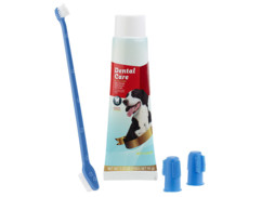kit hygiene dentaire pour chiens avec dentifrice arome viande double brosse à dents et brosse pour doigt