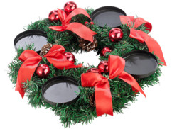 Couronne de l'Avent décorée avec pommes de pin, boules de Noël coloris rouge et noeud décoratif de la marque Britesta