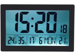 Horloge radio-pilotée XL noire avec thermo-hygromètre et capteur extérieur.