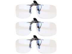Trois paires de sur-lunettes clip-on rectangulaires sans monture, verres transparents, clip central noir et charnières métalliques