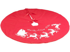 couverture ronde pour sapin de noel rouge avec rennes et pere noel cache cables