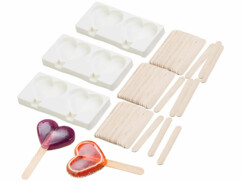 Set de 3 moules en silicone forme cœur 80 ml et 72 bâtonnets - Pour 2 glaces