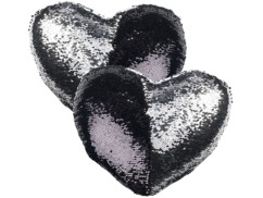 2 coussins cœur paillettes et velours, coloris noir & argent