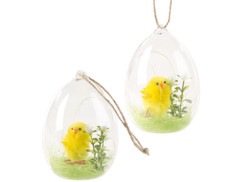 2 décorations en verre à poser ou à suspendre avec poussin de Pâques