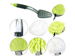 brosse de ménage avec 3 tetes pour poussière vitres polish et spray nettoyant intégré pearl