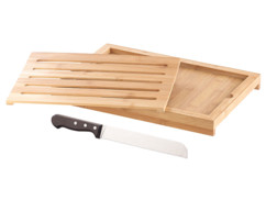 planche à decouper a pain avec recuperateur de miettes et couteau a pain cranté avec manche en bois