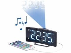 Radio-réveil à projection avec affichage blanc et port de chargement USB