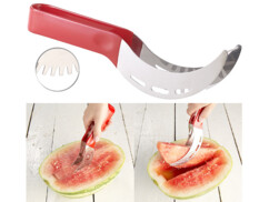 Deux coupe-pastèques Pearl à lame courbe ajourée inox et manche rouge vif posés parallèlement
