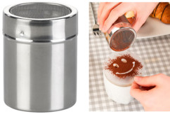 saupoudreuse en inox avec pochoirs pour desserts et cappuccinos