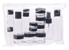 pochette de voyage en plastique transparent avec 12 flacons et pots pour cremes et produits de beauté autorisé en cabine d'avion