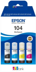 Epson Multipack 104 EcoTank, Bouteilles d'encre d'origine, 4 couleurs : Noir, Cyan, Magenta, Jaune, ET-1810 ET-2710 ET-2711 ET-2712 ET-2810 ET-2811 ET-2812 ET-2720 ET-2820 ET-2821 ET-4700 ET-4800