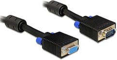 Rallonge VGA moniteur DeLock 1,80 m : connecteurs mâle et femelle noirs avec ferrites et vis bleues, fond blanc