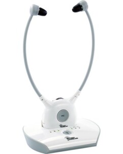 Casque TV sans fil blanc et gris Newgen Medicals avec arceau souple, embouts noirs et base de recharge