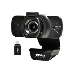 Webcam USB Full HD PORT Connect avec adaptateur USB-C vers USB-A.