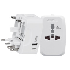 Adaptateur secteur universel de voyage Monde vers Monde avec 2 ports USB coloris blanc de la marque Akashi