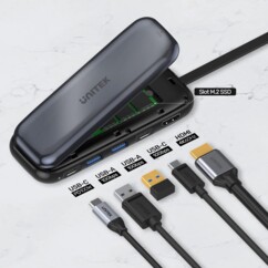 Aperçu des différents connecteurs du boîtier SSD et hub USB-C avec annotations de leurs caractéristiques techniques : 2 x USB-A + 1 x USB-C 10 Gbps, 1 x USB-C PD 100W, A x HDMI 4K/60 Hz et 1 x slot SSD M2 