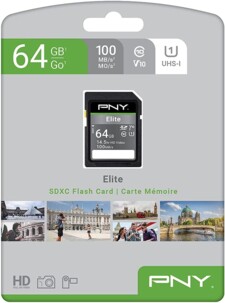 Carte mémoire SDXC 64 Go 10 UHS-I U1 V10 PNY dans son emballage cartonné annoté de caractéristiques techniques