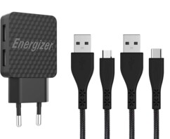 Chargeur secteur double USB 2,4 A avec câble USB-A vers Micro-USB et câble USB-A vers USB-C de la marque Energizer