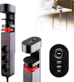 Multiprise de bureau 3 prises avec pince et 3 ports USB - Noir