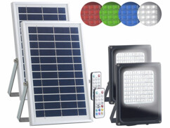 Lot de 2 projecteurs LED extérieurs RVBB 30 W avec panneaux solaires et télécommandes.