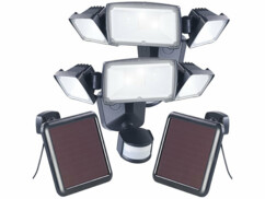 Pack de 2 spots LED avec panneau solaire, batteries, matériel de montage et mode d'emploi en français
