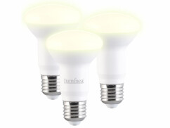 Pack de 3 ampoules E27 à réflecteur avec une puissance de 7 watts et une luminosité de 630 lumens blanc chaud.