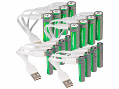 Pack de 8 piles AA et 8 piles AAA avec 4 câbles de chargement USB 4 en 1 (4x USB-C vers USB-A chacun) et mode d’emploi en français