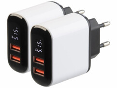 Pack de 2 chargeurs secteur 2 x USB-A 18 W avec Quick Charge et écran coloris blanc de la marque Revolt
