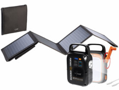 Pack batterie d'appoint à dynamo PB-100.k avec chargeur solaire pliable, 2 mousquetons, câble d'alimentation USB et modes d'emploi en français