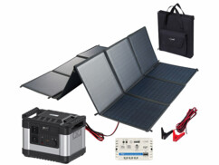 Batterie nomade de 300 Ah avec un panneau solaire pliable de 150 W et un régulateur de charge.