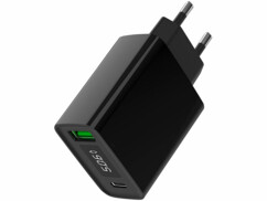 Chargeur secteur USB-A et USB-C 30 W noir avec indicateur de charge sur écran LED.