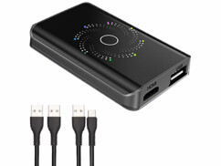 Adaptateur sans fil CarPlay et Android Auto connecté vue de 3/4 avec 2 câbles USB