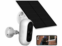 Pack avec caméra de surveillance d'extérieur IP IPC-675, support, matériel de montage, câble d'alimentation USB, panneau solaire universel avec support, câble Micro-USB 3 m et modes d’emploi en français