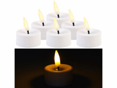 Six bougies chauffe-plat LED Britesta blanches à flamme vacillante dont une allumée dans la pénombre
