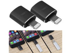 2 adaptateurs avec connecteur Lightning et port USB-A de la marque Callstel, avec transfert de données USB 3.0, fonction Plug & Play et connecteurs en aluminium, avec photo de mise en situation d'un adaptateur branché sur un iPhone