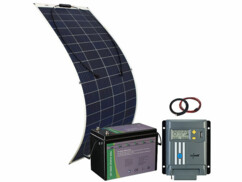 Pack avec panneau solaire monocristallin, 4 ventouses, câble de raccordement 90 cm, batterie LiFePO4, régulateur de charge MPPT-110, 6 manchons pour câble, câble pour panneau solaire, câble pour batterie vers régulateur de charge et mode d'emploi
