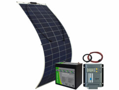 Pack avec module solaire monocristallin, 4 ventouses, câble de raccordement 90 cm, batterie LiFePO4, régulateur de charge MPPT-110, 6 manchons pour câble, câble pour module solaire, câble pour batterie vers régulateur de charge et modes d'emploi