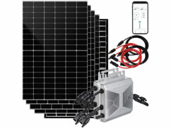 Pack avec 4 panneaux solaires verre-verre avec câble de raccordement, 2 micro-inverseurs SMI-800, câble adaptateur AC, matériel de montage pour micro-inverseur, 2 câbles de rallonge solaires (2 m) et 2 câbles d'alimentation solaires (4,5 m) 