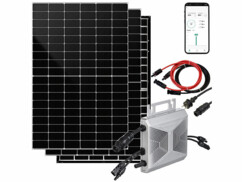 Pack avec 2 panneaux solaires verre-verre, câble de raccordement, micro-inverseur SMI-800, câble adaptateur AC, matériel de montage pour micro-inverseur, câble de rallonge solaire, câble d'alimentation solaire et modes d'emploi en français
