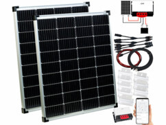 Pack avec régulateur de charge MPPT-90.app, 2 panneaux solaires avec câble 5 m (compatible MC4), 4 câbles adaptateurs en Y (compatibles MC4), câble pour module solaire, câble pour batterie (cosse M6) vers régulateur et 8 supports en Z pour module solaire