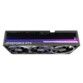 Carte graphique Asus ROG Astral RTX 5090, vue de trois-quarts avant avec triple ventilateur et bandeau RGB violet-bleu sur la tranche