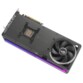 Carte graphique Asus ROG Astral RTX 5090, vue de trois-quarts arrière avec backplate noir, bande RGB latérale bleu-violet et ventilateur axial