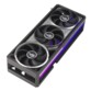 Carte graphique Asus ROG Astral RTX 5090, vue de trois-quarts arrière avec backplate noir, ventilateur dorsal et bande RGB bleu-violet