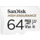 Carte microSDXC SanDisk High Endurance 64 Go blanche avec inscriptions noires et dorées